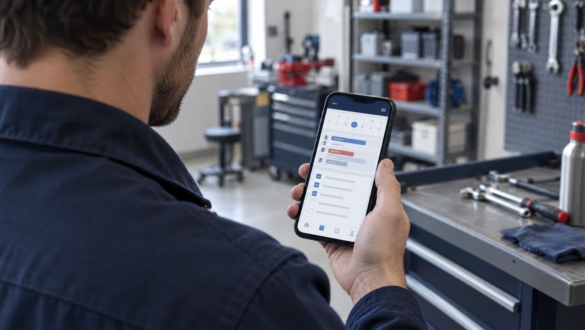 Technician checking his shift schedule in the company app on a smartphone