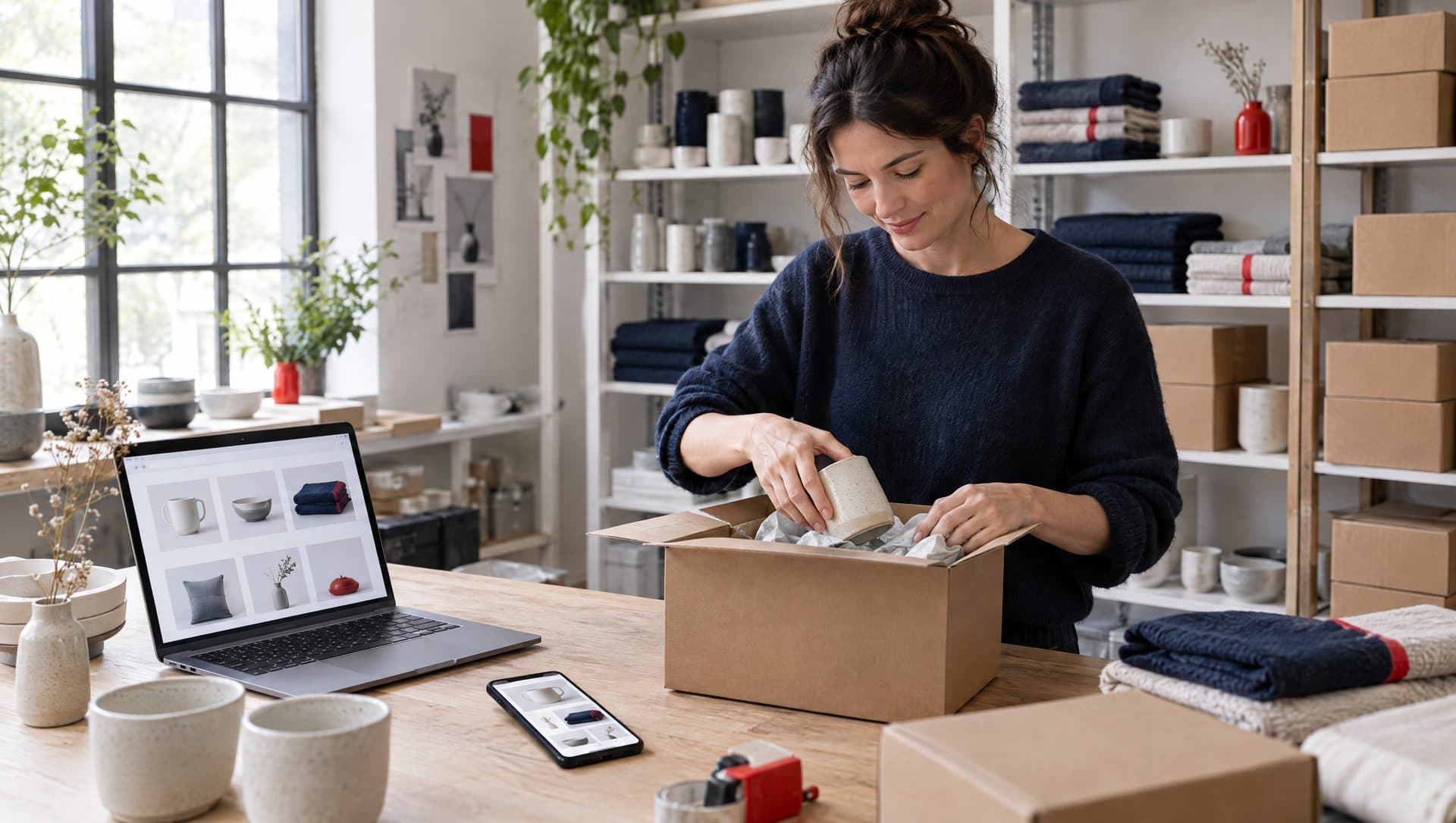Shop owner packing an online order, next to a laptop and smartphone showing her own store