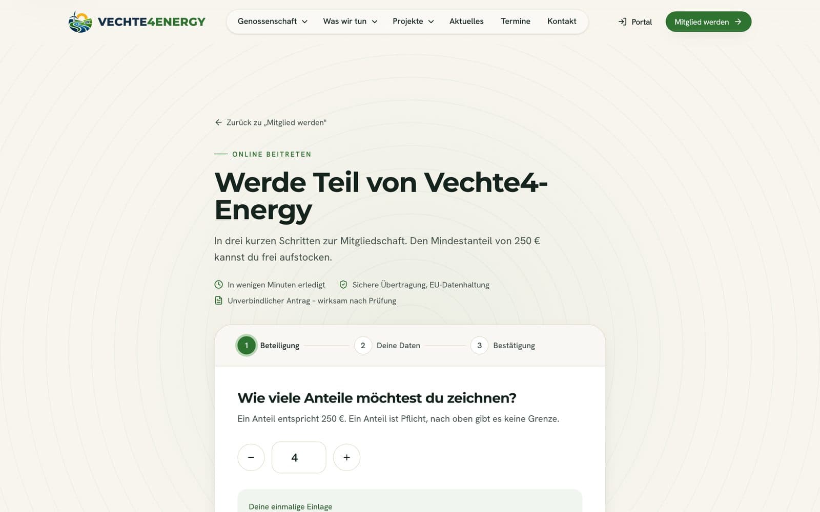 Beitritts-Assistent auf vechte4energy.de mit drei Schritten