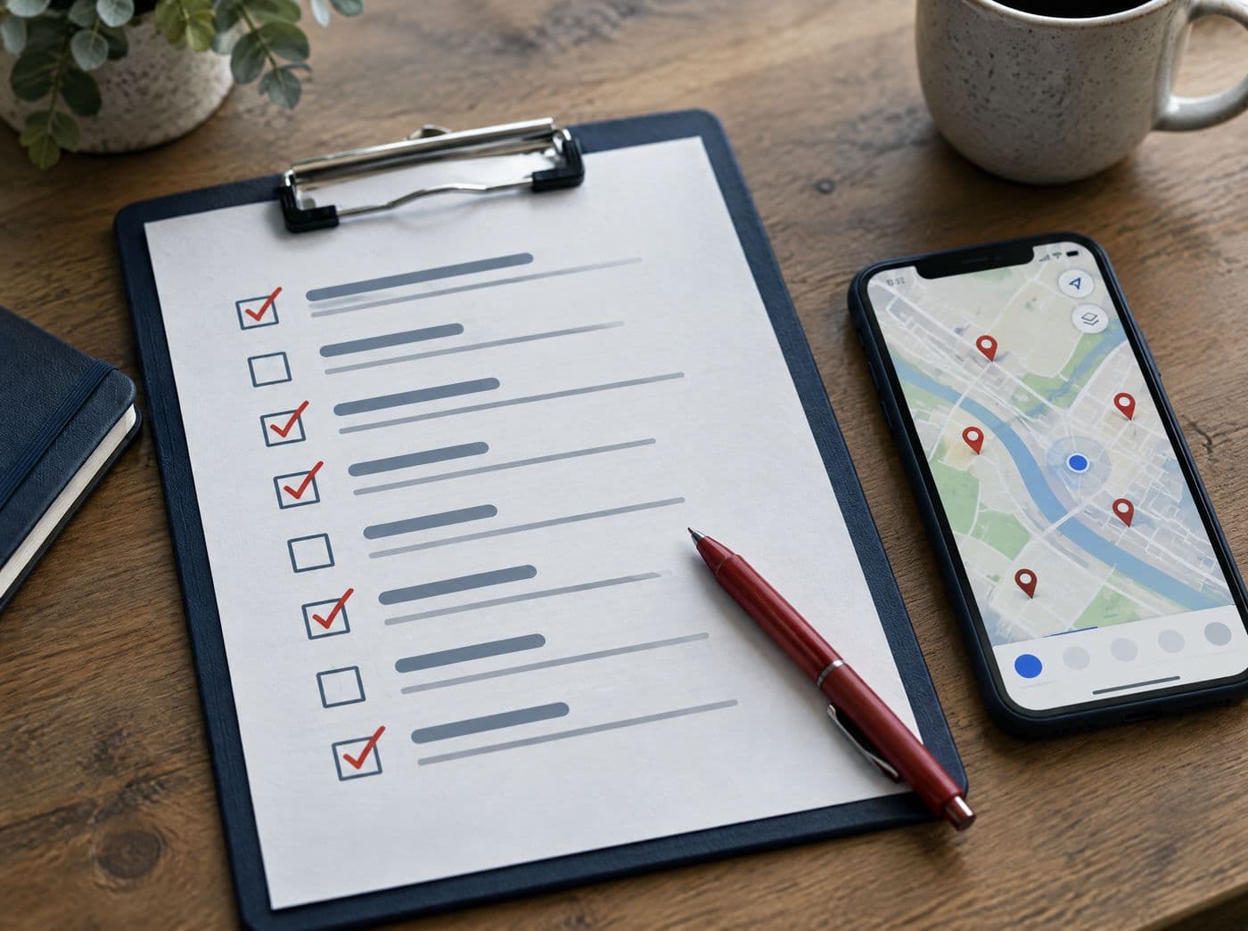 Ausgedruckte Checkliste neben einem Smartphone mit Kartenansicht