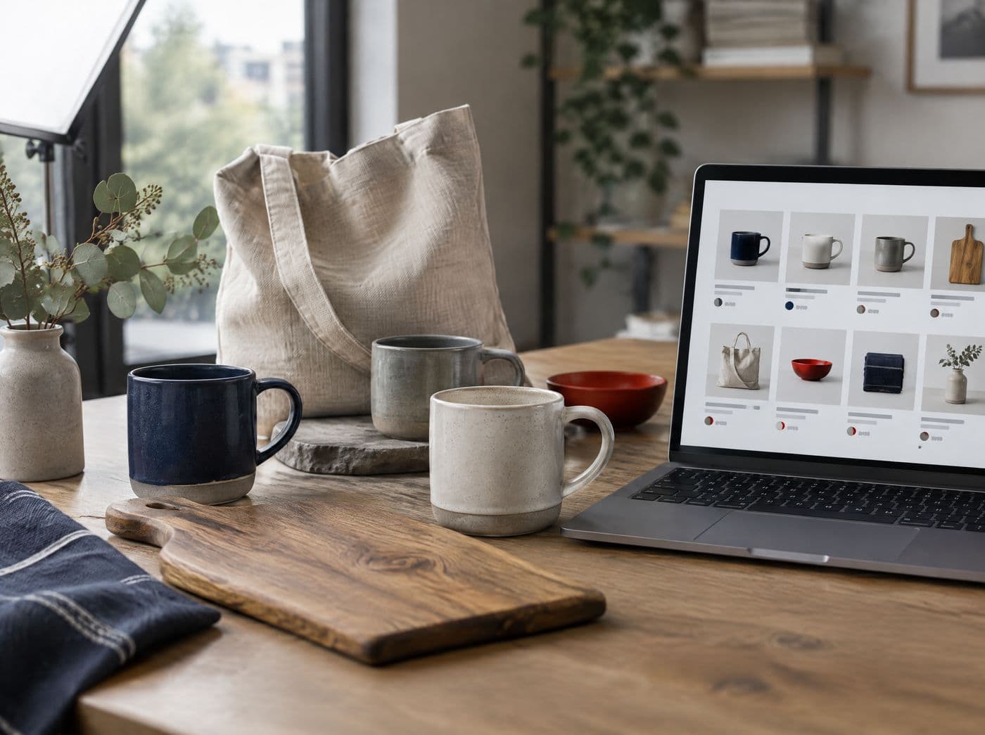 Produktfotos für einen Onlineshop neben einer Produktübersicht auf dem Laptop