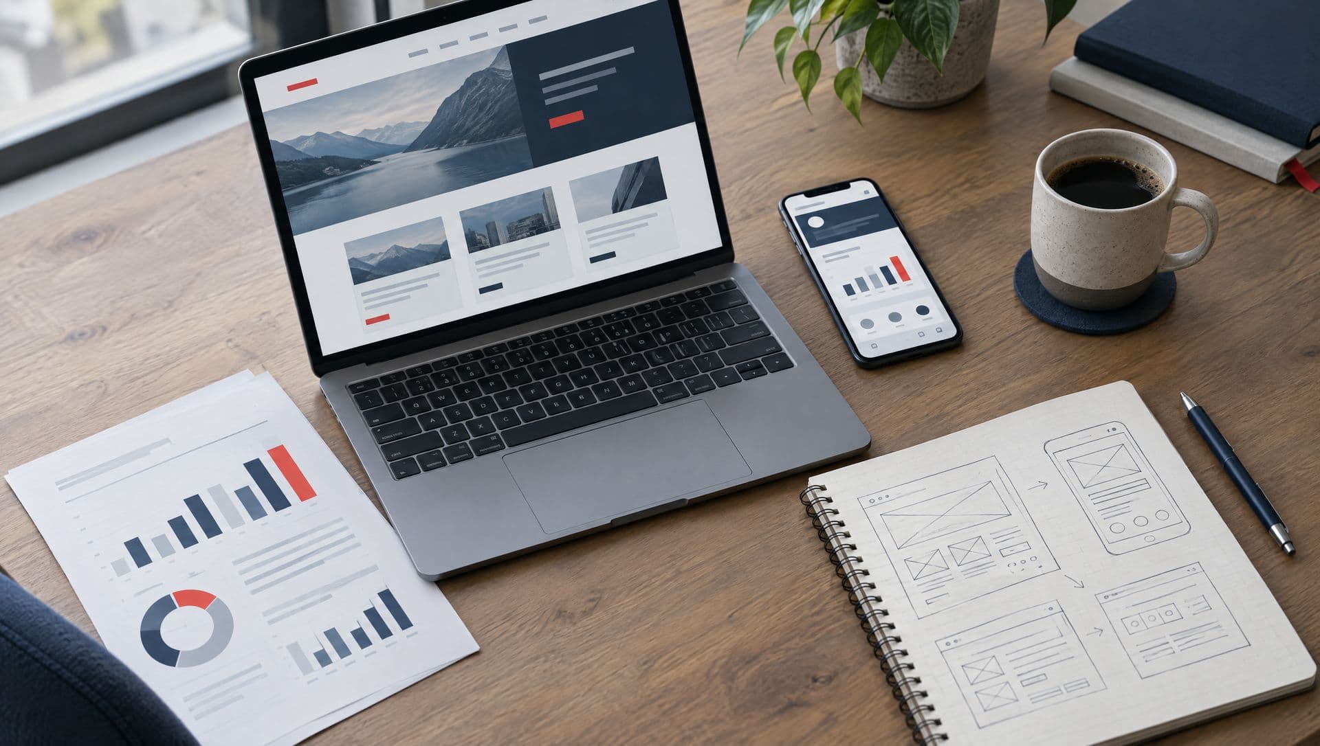 Arbeitstisch mit Website auf dem Laptop, App auf dem Smartphone und ausgedrucktem Bericht