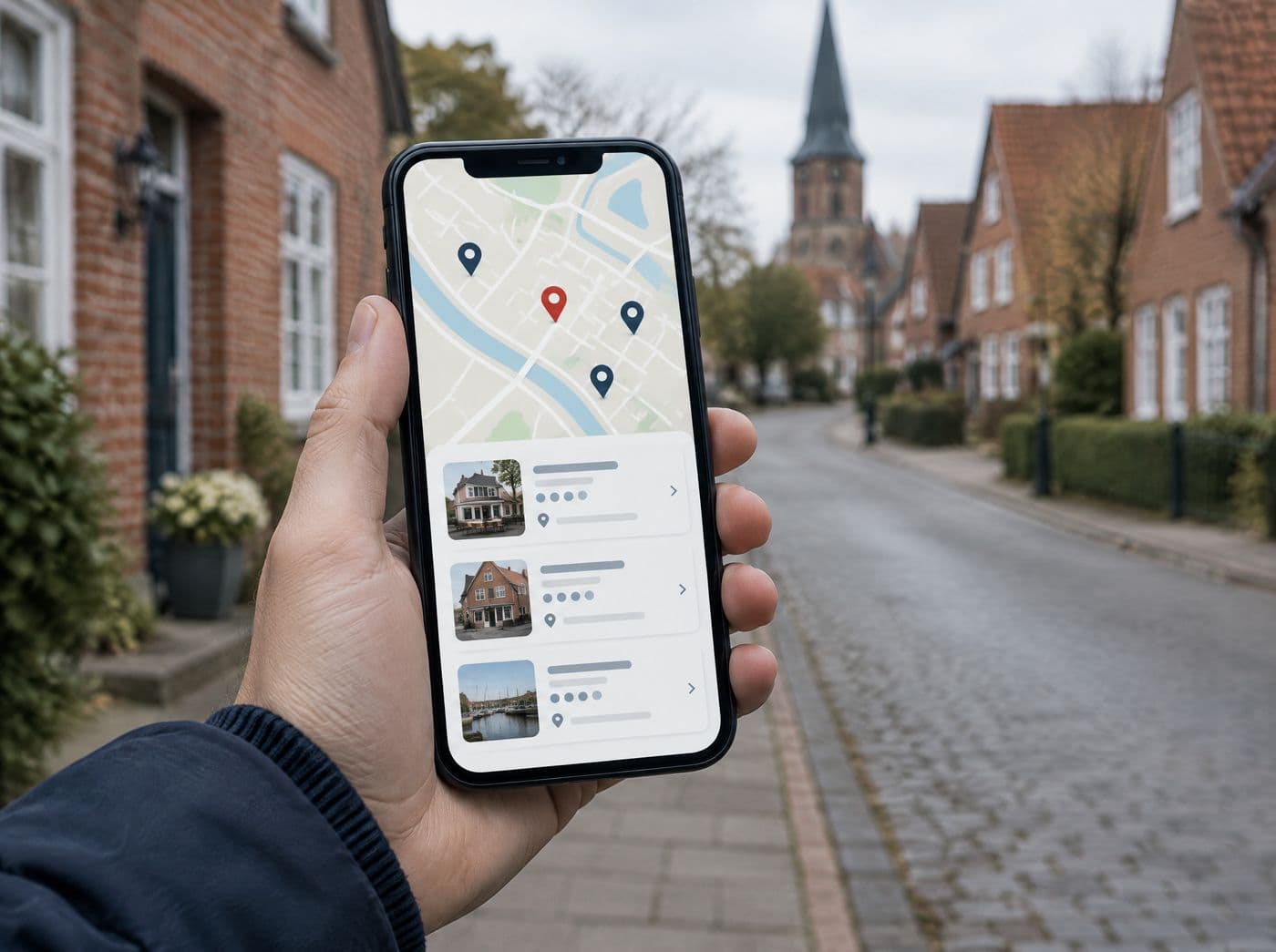 Smartphone mit Kartenansicht und lokalen Suchergebnissen in einer Kleinstadt