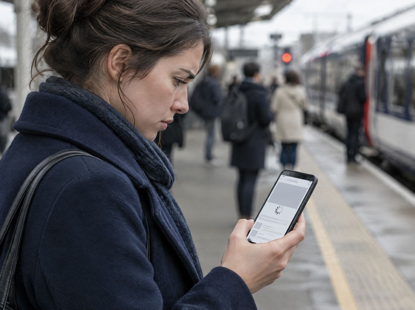 Frau am Bahnsteig wartet ungeduldig, bis eine Website auf dem Smartphone lädt