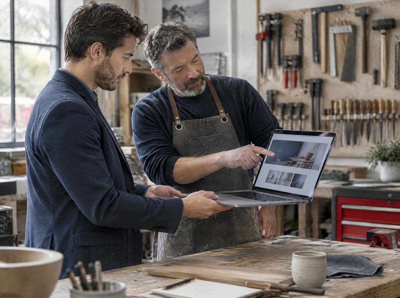 Website-Besprechung mit einem Handwerksmeister in seiner Werkstatt
