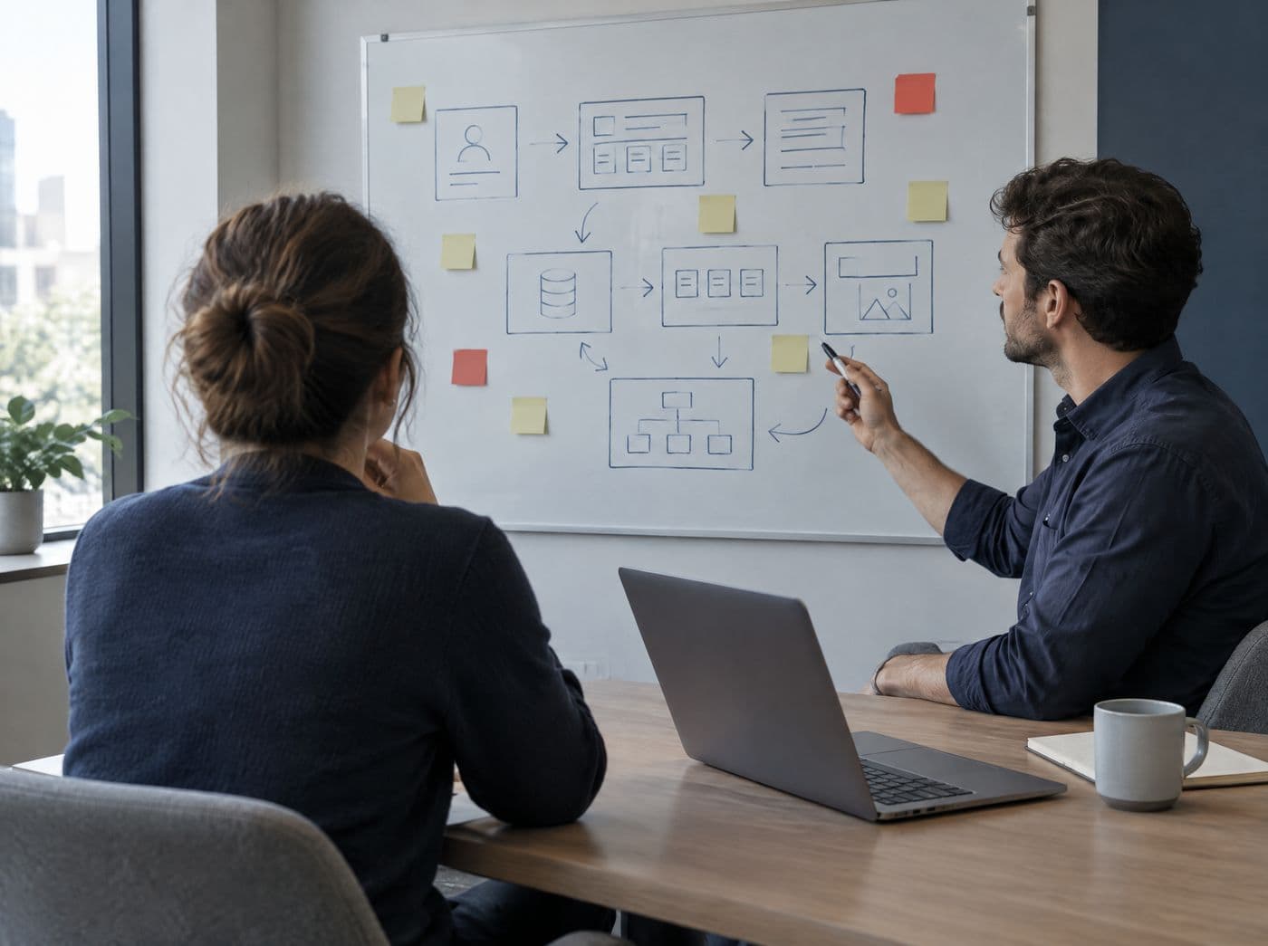 Project planning with sketches and sticky notes on a whiteboard