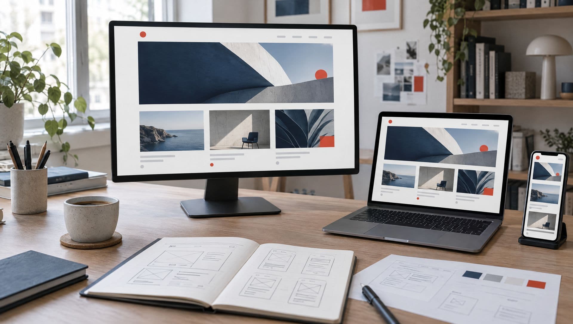 Arbeitsplatz mit Website-Entwurf auf Monitor, Laptop und Smartphone