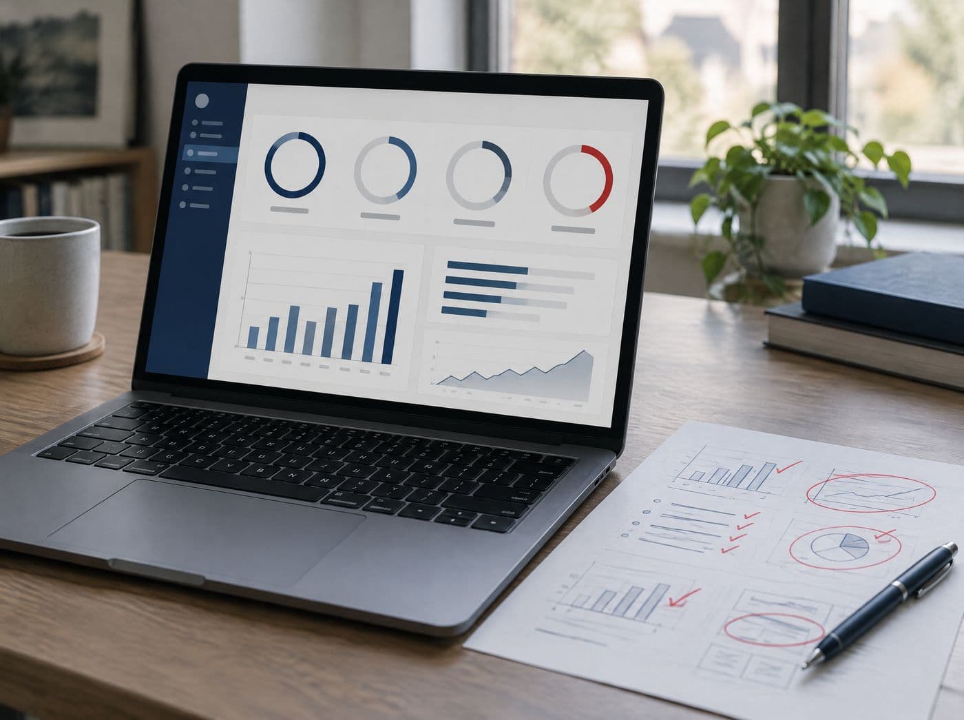 Website-Analyse mit Kennzahlen auf dem Laptop und handschriftlichen Notizen